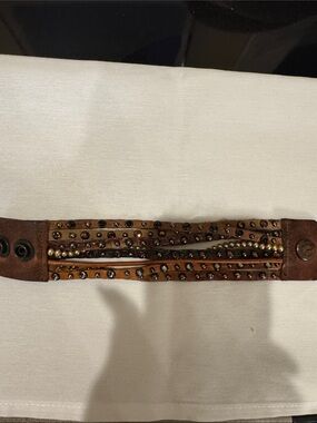 Studded Brown Leather Multi-Strand Bracelet with Mixed Metal Beads